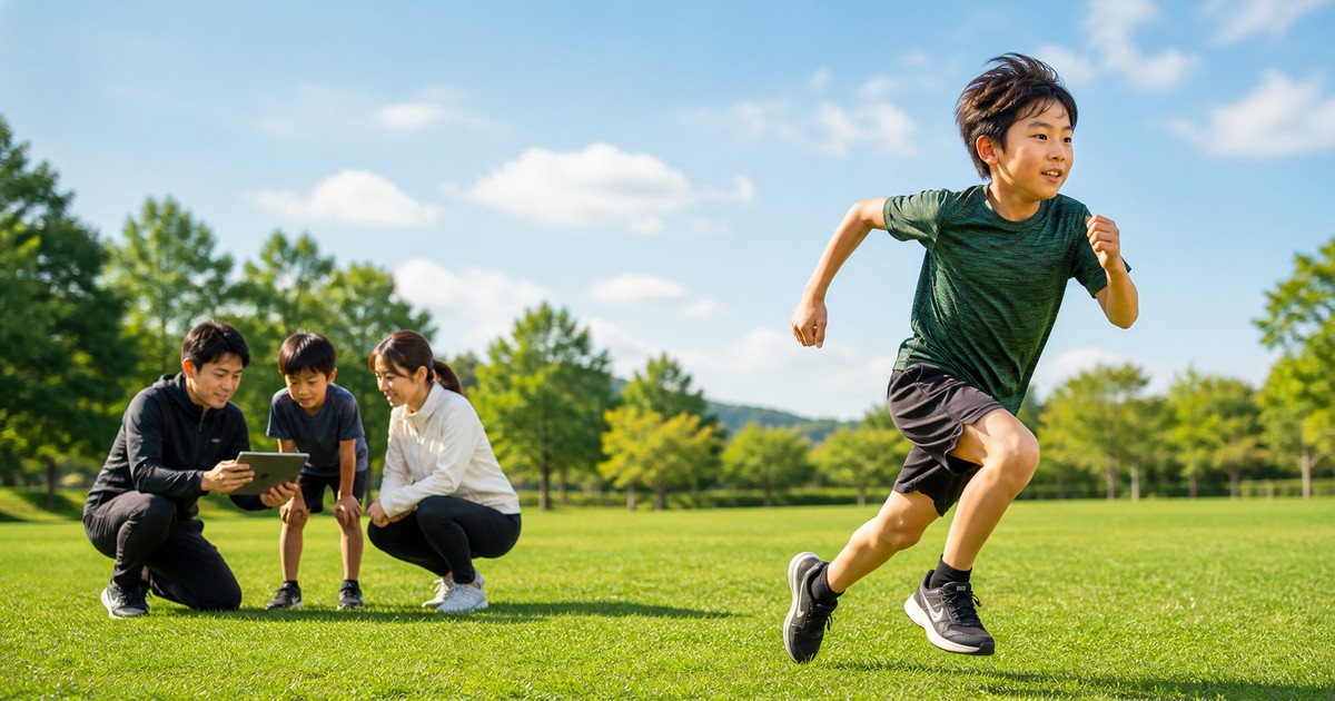 芝生の上で走る子どもと体験レッスンのイメージ